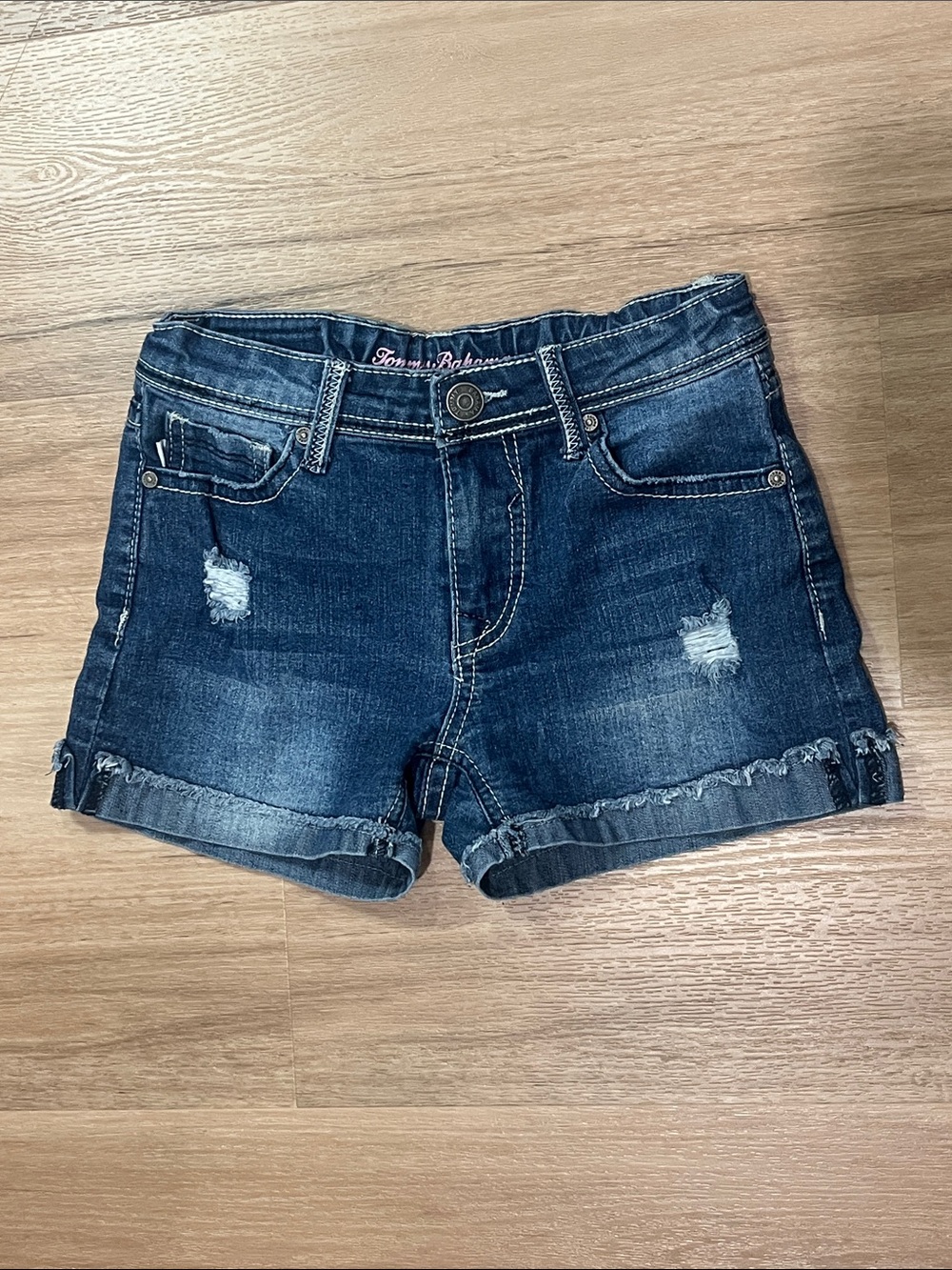 Tommy Bahama Girls Distressed Dark Wash Cuffed Denim Jean Shorts, size 10